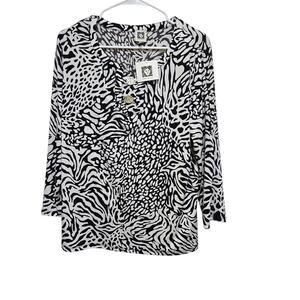 Anne Klein Animal Print Knit Top XL Black White NWT